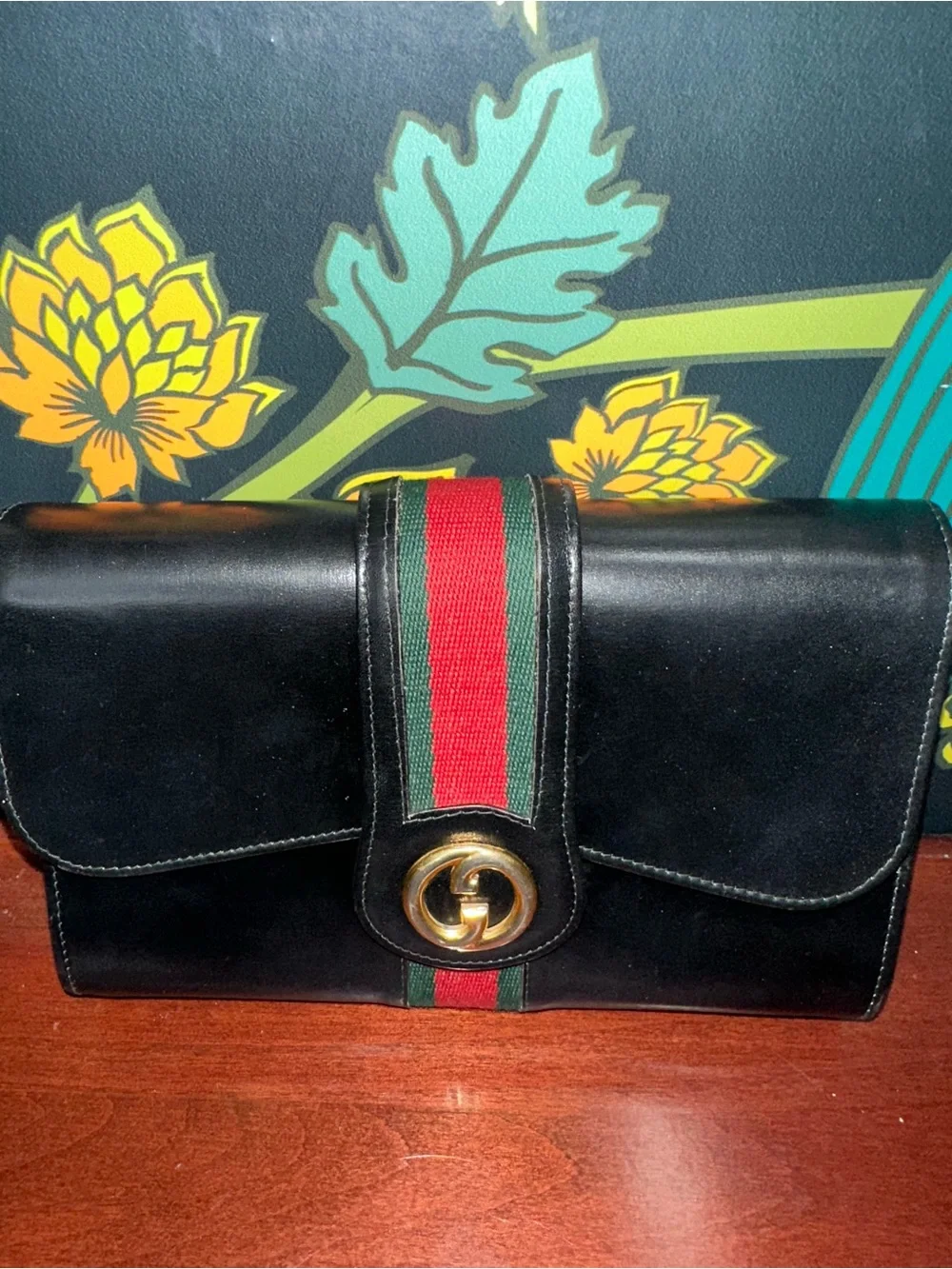 Vintage 1970s Gucci Black Leather Web Stripe GG Clutch